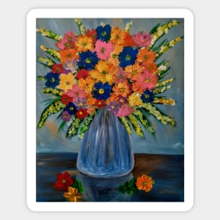 Stunning bouquet of mixed flowers in a glass and gold vase . Sticker